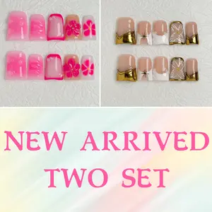 Premium 2-Set Press-on Nails Collection: Handmade 3D Fruit & Luxury Gold Foil Flowers