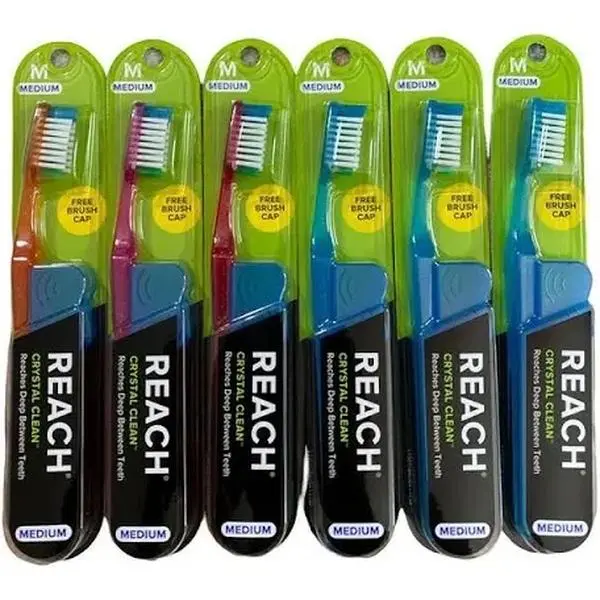 Reach Toothbrushes - 4-Pack, Medium & Natural Soft Bristles, Angled Tip, Plastic Handle, Green & Blue Design, Crystal Clean Daily Oral Care Tool