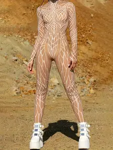 Women's Sexy Party Jumpsuit, Tight Fit, Show-Stopping, Festive, Printed, Long Sleeve Womenswear Clothes shapewear bodysuit