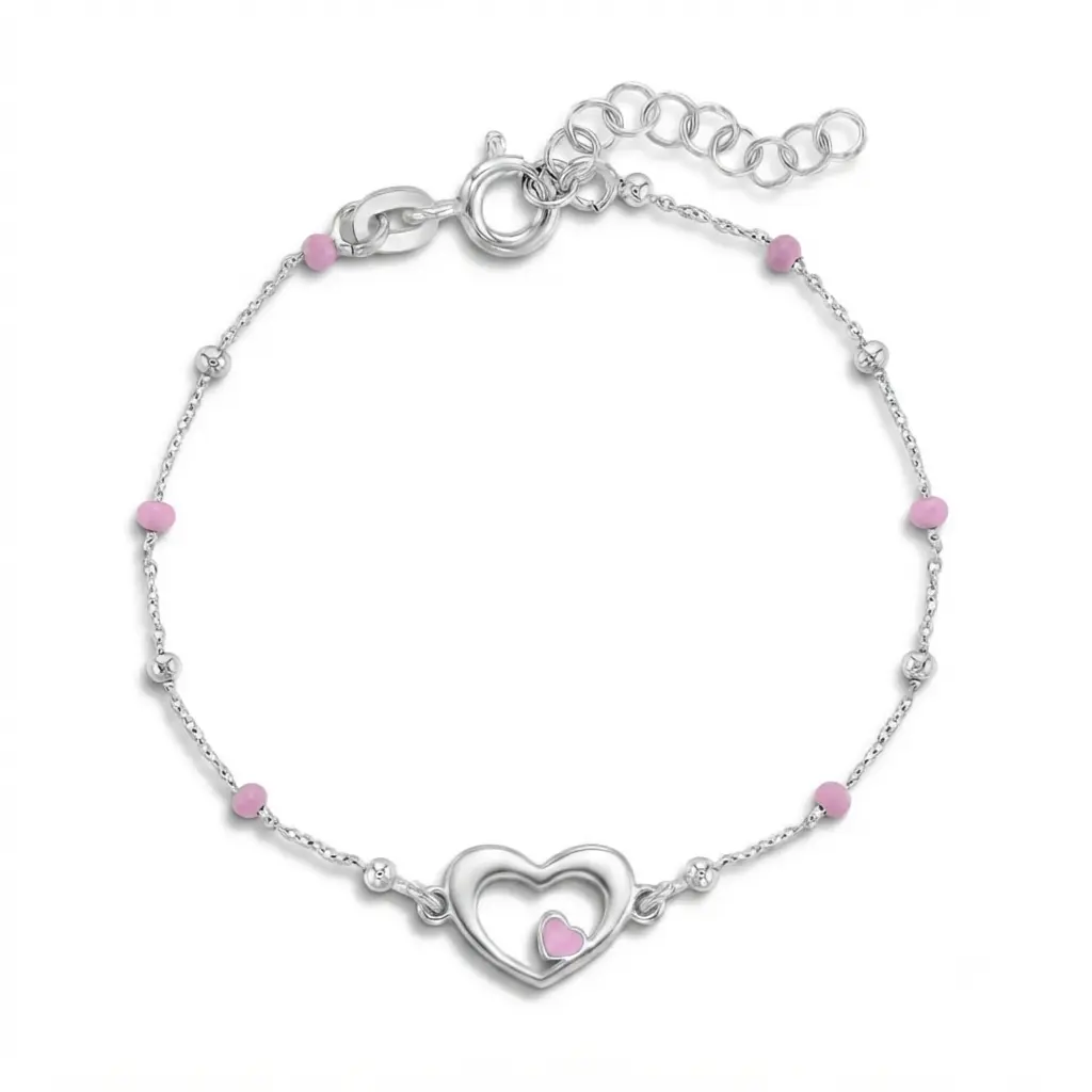 925 Sterling Silver Girls Heart Bracelet with Pink Enamel Beads, Dainty & Adjustable (5-6 in), Birthday Gift, Beads Bracelets, Adjustable Charm Kids Bracelets & Bangles
