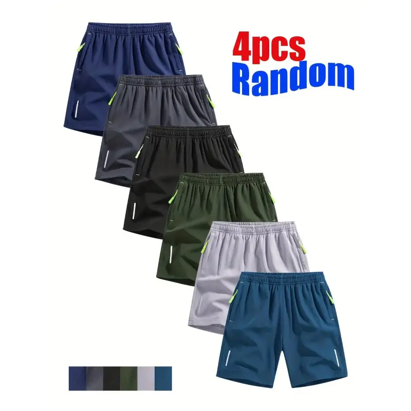 Random 4-piece set of boys' summer sports shorts, 95% polyester, 5% spandex, slightly stretchy, solid color, regular fit, with zipper pockets, suitable outdoor activities, perfect outdoor choice