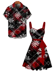 DRESSLILY 2025 Christmas Couple Outfit Women's Plaid Snowflake Print Belt Dress and Men's Short Sleeves Button Up Shirt Matching Set