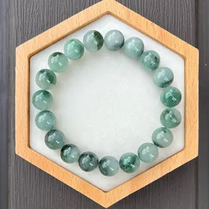 B24129-B Certified Untreated Grade A Jade Bracelet - 10mm Round Beads (Green with Floral pattern)
