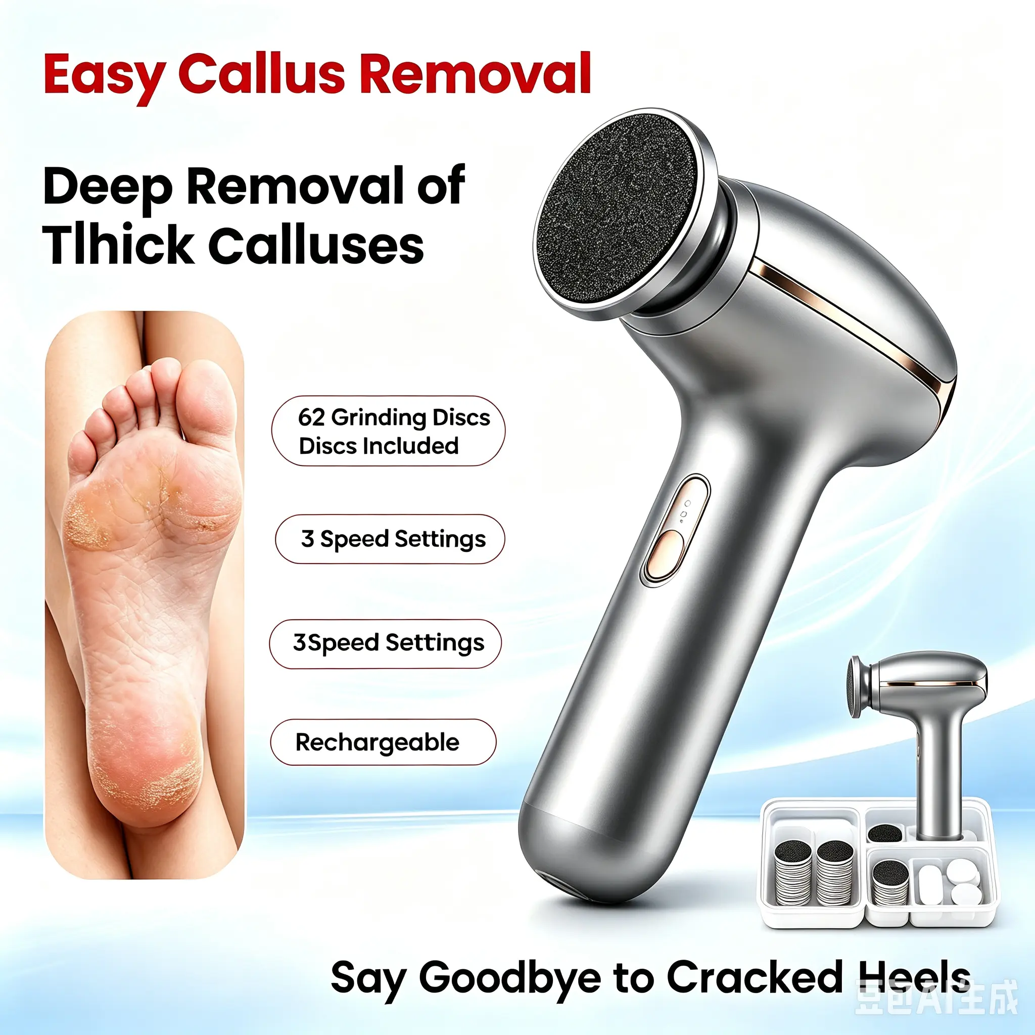 Electric Foot Callus Remover | 3 Speed Rechargeable Pedicure Grinder, Comes with 62 Disposable Grinding Discs for Smooth Soft Feet