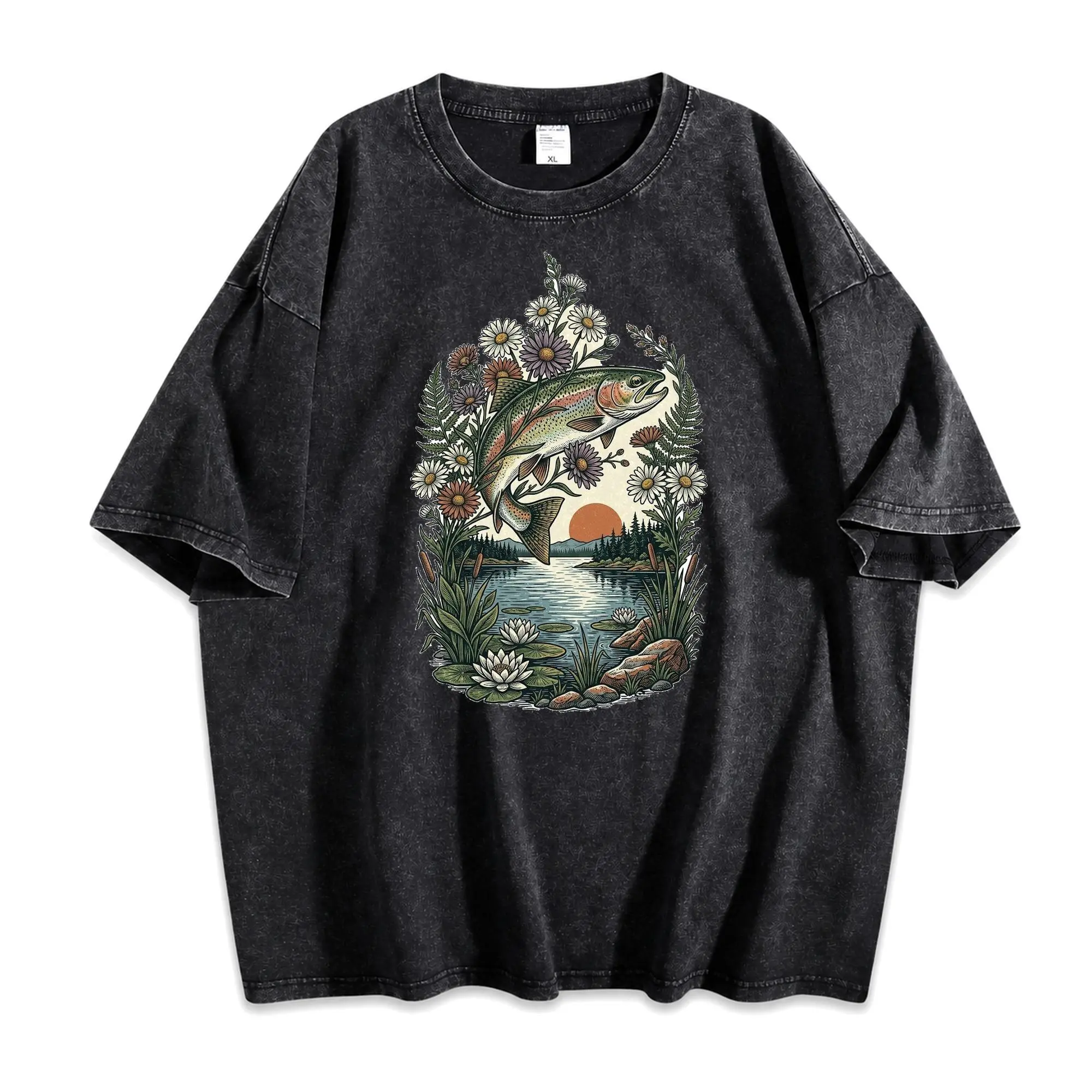 Women's Text-Free Trout Fishing Washed Cotton Graphic T-Shirt, Vintage Relaxed Fit S-5XL