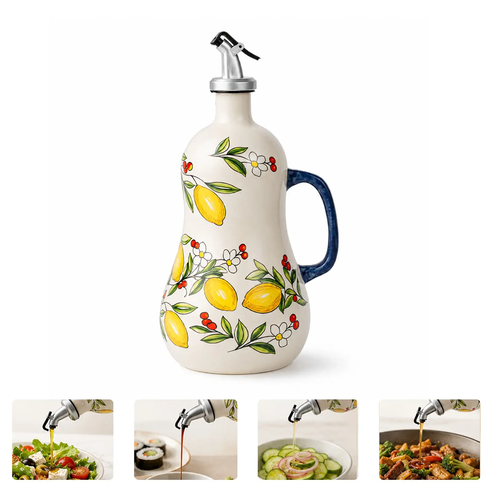 Hand-Painted Ceramic Olive Oil Bottle 900ML, Leak-Proof Flip Lid, Lemon Floral Design, Kitchen Decor & Cooking Gift, Kitchen Oil Dispenser, Oil Bottles for Kitchen