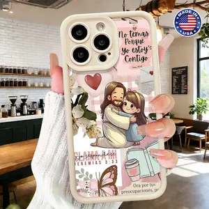 Cute Jesus Hug Girl Christian Faith Bible Verse Cartoon Pattern Case for iPhone 17 16 15 14 Pro Max 13 12 11 XR XS Plus Air Slim Shockproof Anti Drop Protective Lightweight TPU Cover