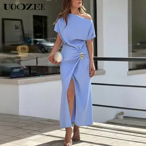 UOOZEE French elegant off shoulder dress with fashionable waist cinching, slimming and high slit, solid color versatile party women's outfit