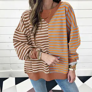 Brown Stripe Casual Stripe Colorblock Drop Shoulder Oversize Sweatshirt