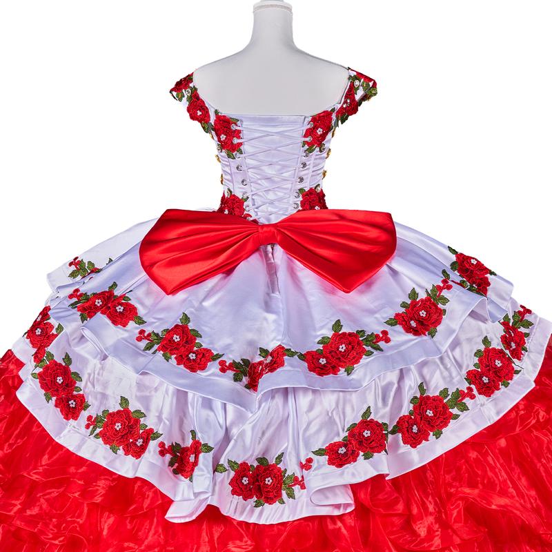Charro Red – White & Red Mexican-Inspired Embroidered Ball Gown