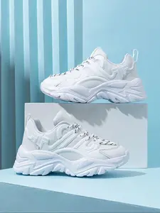 Women's Fashionable Patchwork Design Lace Up Platform Sneakers, Casual Comfortable Breathable Mesh Sports Running Shoes, All-match Round Toe Chunky Sneakers for Daily Wear