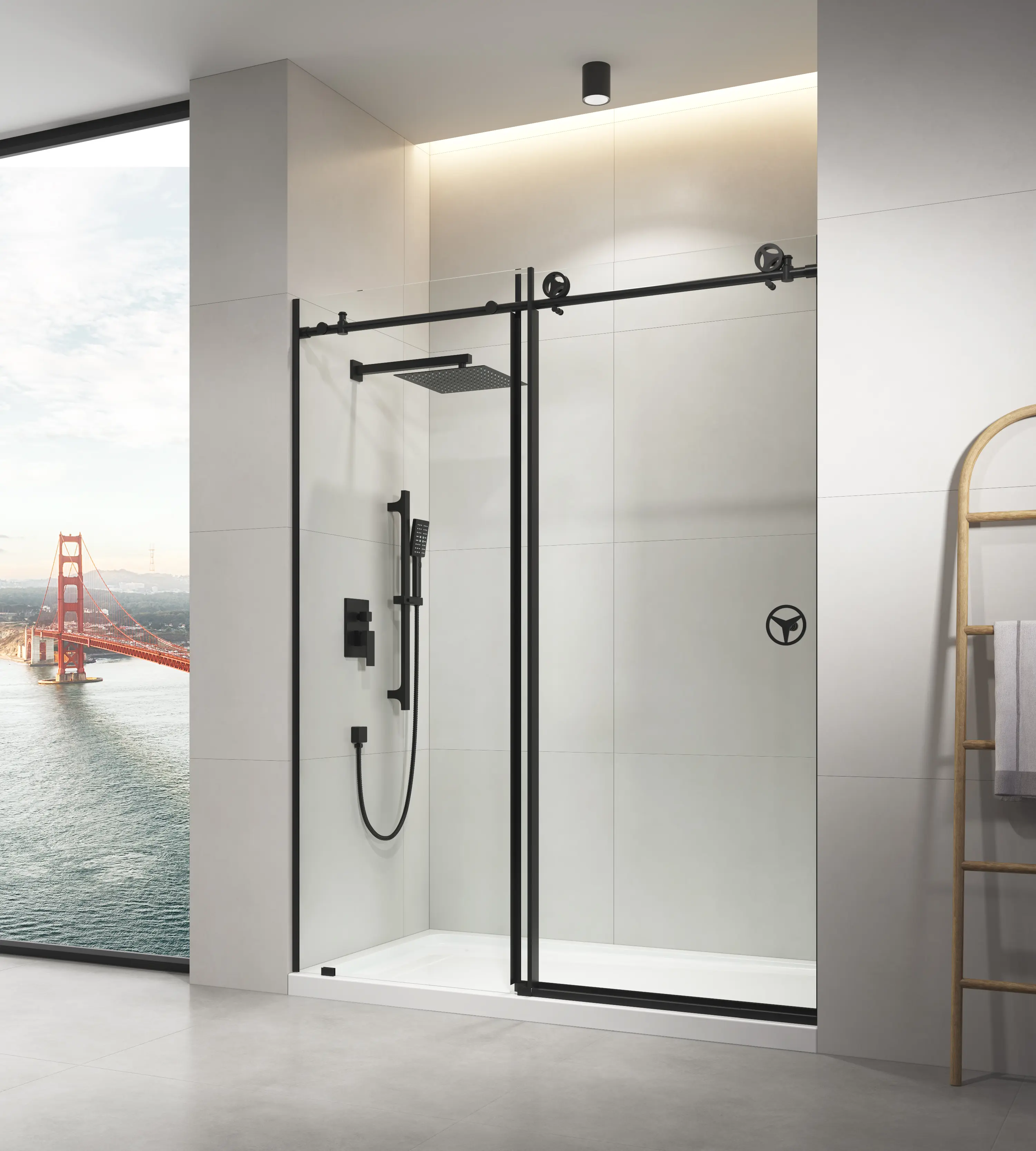 60" W x 76" H Sliding Frameless Shower Door Matte Black with Clear Glass, Modern Bathroom Shower Enclosure, Single Sliding Barn Door Style, Tempered Glass, Easy Clean, Space Saving, for Walk-In Shower, Bathroom Renovation, Bathroom Shower Door
