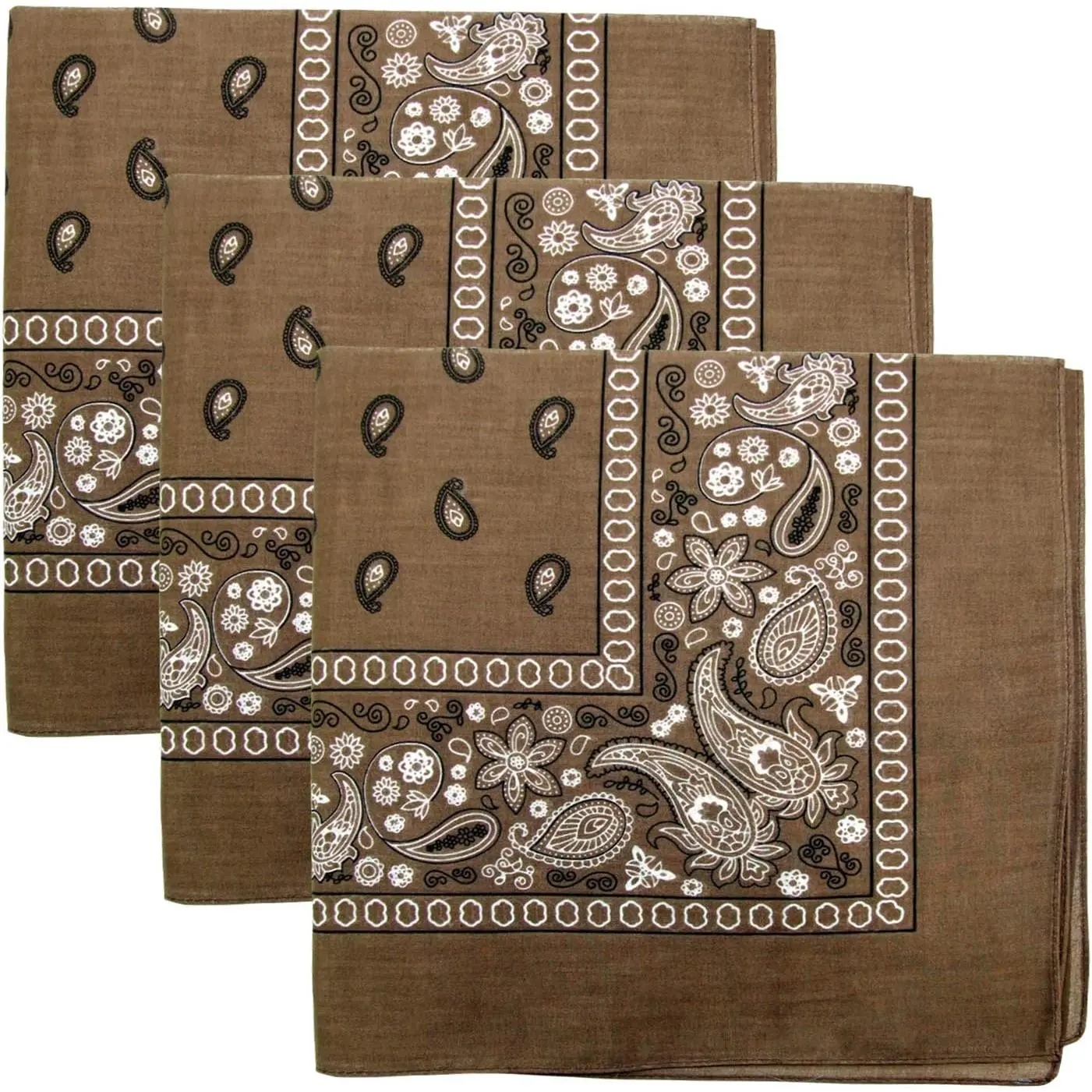 3 PK Cowboy Bandanas  Cotton 22 x 22 inch - Brown