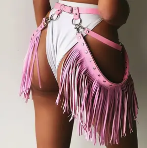 Pink Leather Tassel Bottoms - Festival Outfits, Chap Bottoms, Sexy Rave Outfits, One Piece, Womenswear, Comfortable Design for Women Minimalist Party Lingerie Adjustable