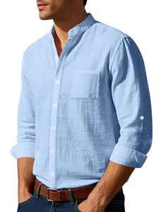 Men's Regular Fit Solid Color Linen Shirt, Casual Long Sleeve Collared Top for Daily Wear, Fashion Comfy Woven Top for Men, Beige