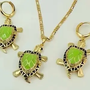14k Gold-Plated XP Turtle Set - Green Turtles Earrings & Pendant for Women - Gold Tone Versatile Jewelry - Elegant Gift