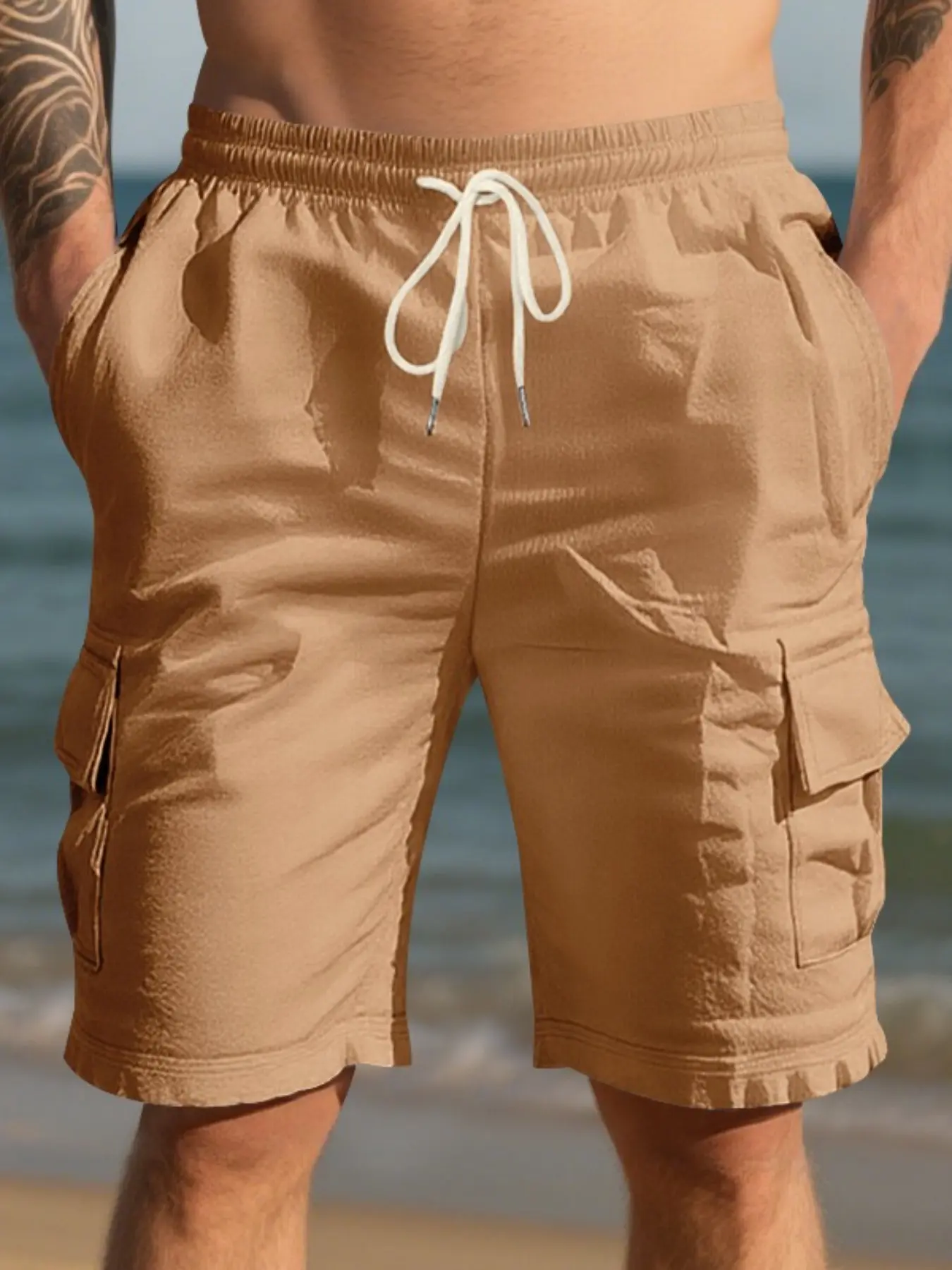 Men's Linen Beach Drawstring Shorts, Breathable Loose Fit Workwear Pants, Multi-Pocket Casual Running Shorts, All Seasons Fashion