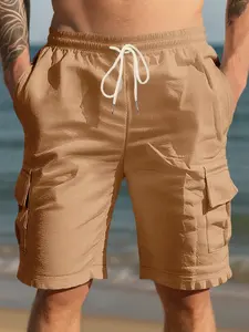 Men's Linen Beach Drawstring Shorts, Breathable Loose Fit Workwear Pants, Multi-Pocket Casual Running Shorts, All Seasons Fashion