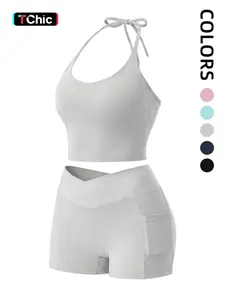 Women's Sporty Yoga Set, Long Sleeve Fitted Wrap Top & High Waist Shorts, Elastic Stretch, Gym Training, Pilates, Casual Wear, with Padded Bra