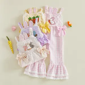 Toddler Baby Girl Easter Outfit Overalls Easter Eggs Bunny Carrot Embroidery Romper Flare Pants Bell Bottom Jumpsuit