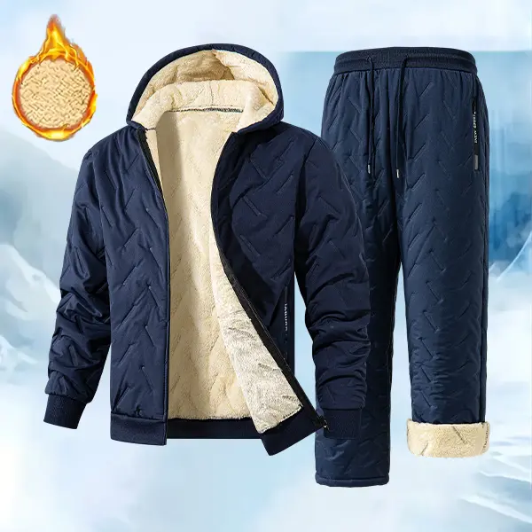 This men’s fleece-lined tracksuit features a hooded zip jacket and matching jogger pants. The quilted outer shell locks in warmth, with soft plush lining inside. Relaxed fit allows easy movement for cold-weather outdoor activities and daily casual wear.