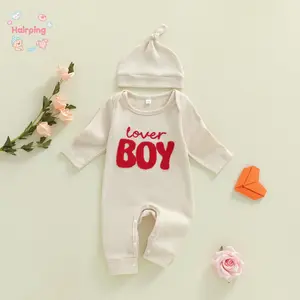 Baby Boy Valentine's Day Romper, Waffle Letter Embroidery Long Sleeve Round Neck Full Length Jumpsuit with Hat, Casual Baby Boy Romper