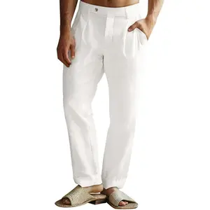 Mens Casual Linen Pants Pleated Elastic Waist Lightweight Cotton Trousers Summer Beach Yoga With Pockets