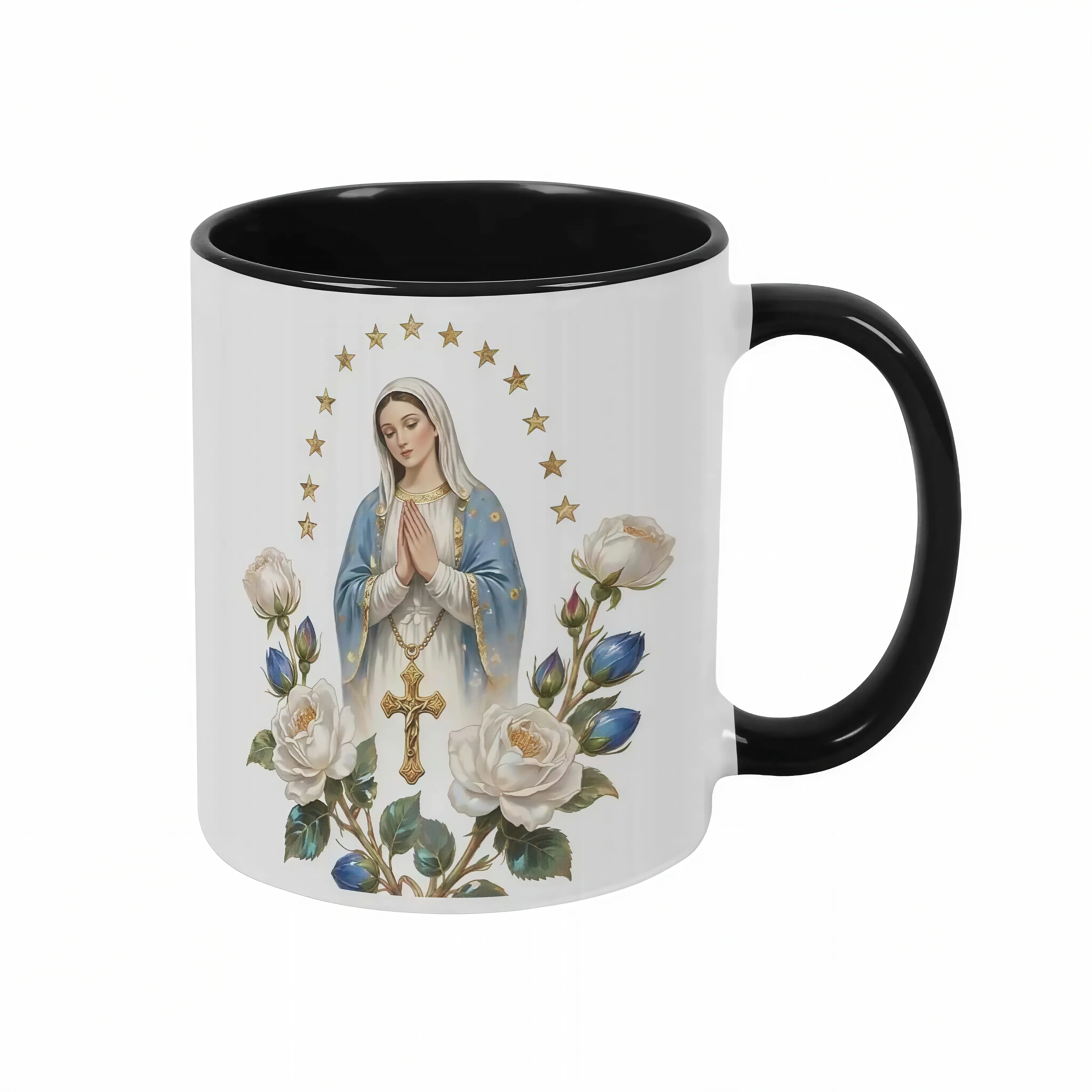 Virgin Mary Mug11oz Holy Cross White Rose Floral Art Print Inspirational Ceramic Coffee Cup Durable Glossy Finish Home Prayer Room Church Gift Spiritual Decor summerwins Summervibes, dealsforyou, midyearsale, restock, dealsforyoudays, DFYD