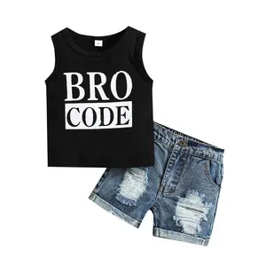Baby Toddler Boys Summer Outfit Set Sleeveless Vest Letter Print Tank Tops with Ripped Denim Shorts