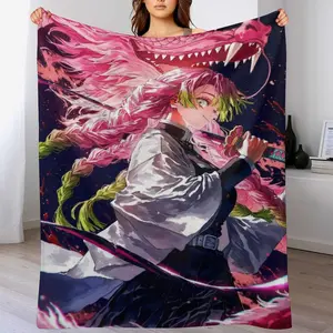 Mitsuri Kanroji Flannel Throw Blanket, Love Hashira Print Fleece Blanket, Cozy Warm Blanket for Fans Bedroom Couch