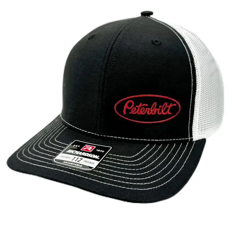 [ Best 2026 ] Richardson 112 Peterbilt Trucker Hat, Black White Embroidered Snapback Cap for Men, Retro Mesh Trucking Hat, Lightweight Breathable Workwear Style 2026