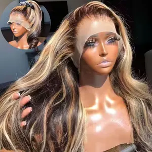 Gefily[14A] Highlight 360 Body Wave Lace Front Wigs Human Hair, Pre Plucked 180% Density Honey Blonde Highlighted Ombre Full 360 HD Lace Frontal Wig, 4/27 Colored 14A Thick Brazilian Remy Hair 16 IN