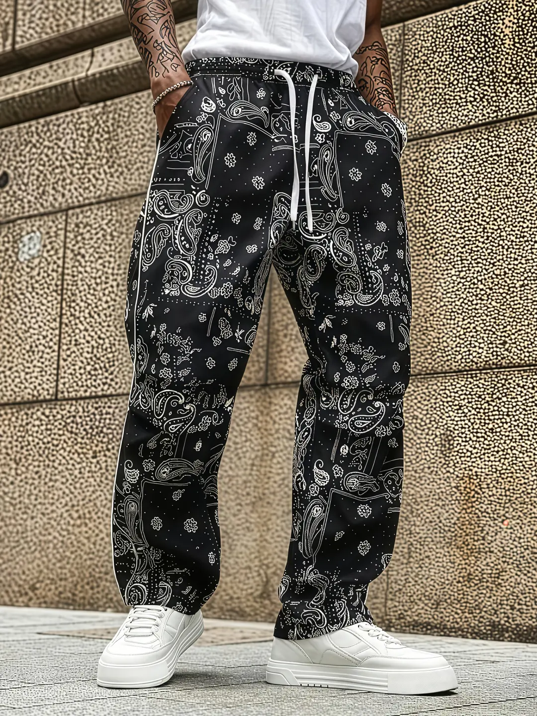 Men's Paisley Print Streetwear Pants - Loose Wide Leg Hip Hop Track Pants with Drawstring Waist, Woven, No, All Over Print Men's Pants, Baggy Cut Men's Pants
