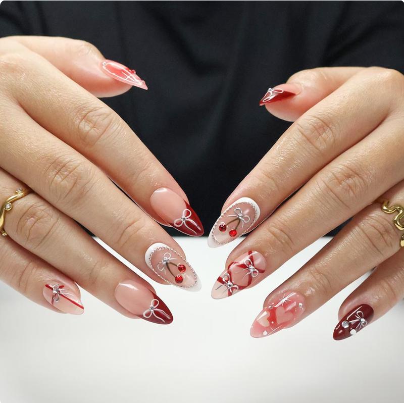 Press On Nails Cherry Charm with Silver Bows | 3D Pearl & Heart Nail Art in Medium Almond | Handmade Elegant Nail Art for Holiday, Birthday