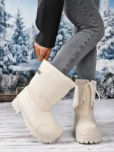 Women's Fashionable Drawstring Snow Boots, Warm Height Increasing Ski Boots, Fleece Lined, Thick Sole, Casual Winter Shoes, Winter Booties
