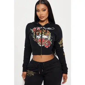 Ed Hardy Retro Tiger Zip Front Hoodie - Black V