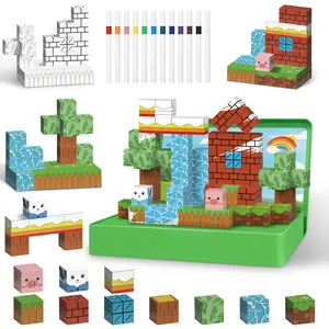 Magnetic Blocks Painting Travel Toys for Kids, 48PCS Magnetic Building Blocks with 12 Paint Pens & Iron Box Art Craft Kits Magnet Blocks Cube Birthday Gifts for Boys Girls Road Trip Car Games