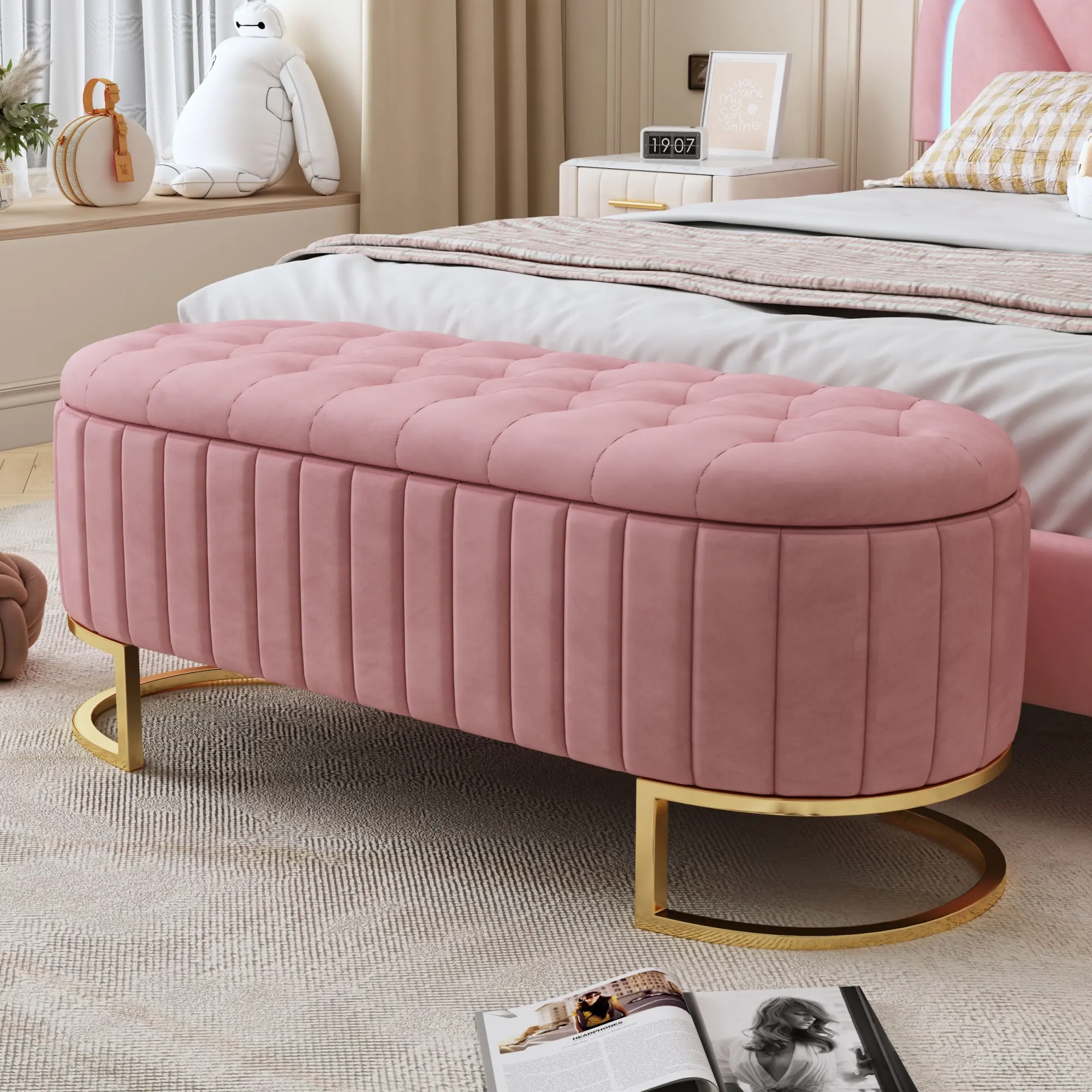 Elegant Velvet Button-Tufted Upholstered Storage Ottoman Footstool with Storage, Metal Legs, Living Room Furniture, for Bedroom Entryway, Fully Assembled Except Legs, Pink