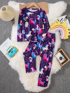 girl's unicorn print pajama set, round neck long sleeve top & pants, casual comfy pyjama set for kids, kids sleepwear for spring & fall