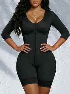 1 Count Women's 3/4 Sleeve Hook Eye Closure Shapewear, Underwear, Colombian Shapewear, Hourglass Split Chest Design Bodysuit, Tummy Control Butt Lifting Shaper, Lace Trim Anti Slip Smooth Shaping Jumpsuit, Suitable For Casual Outings, Parties