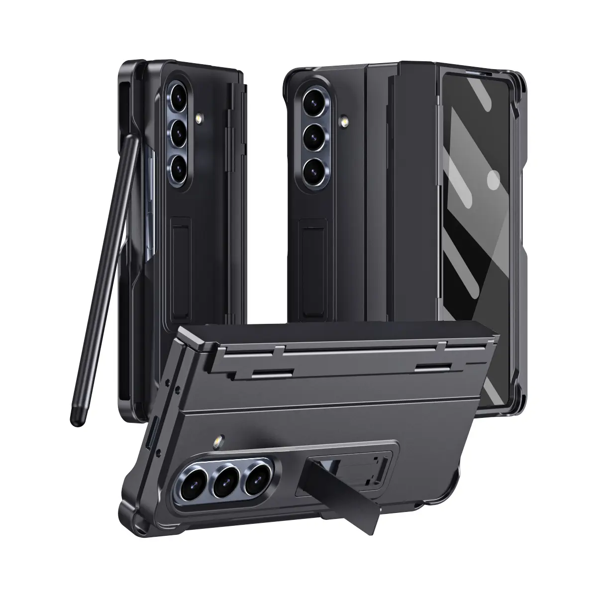FlatPen Armor Cellphone Casing Cover for Samsung Z Fold 3/4/5/6/7 - All-in-1 Phone Accessories Set with Free Stylus, Tempered Glass Screen Protector, No-Bump Hinge, Slim Fit (Black) Smartphone Protection