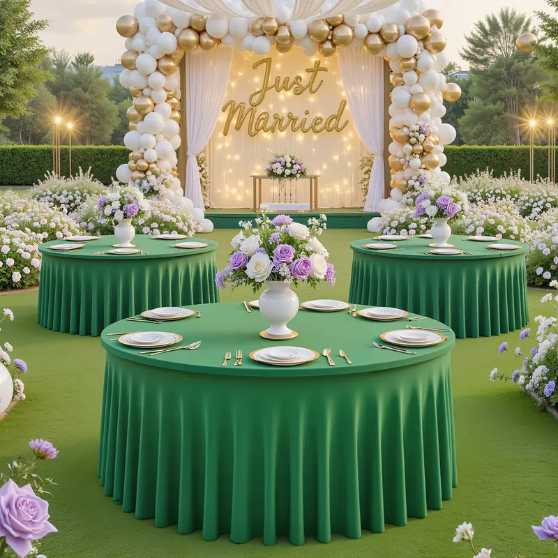 Stretchy Elastane Round Tablecloth Set (4-Pack) - 5ft (60in) Durable Wrinkle-Free Contemporary Wavy Cover with Skirt, Decorative Flower Ornaments, Easy Install for Birthday, Halloween Party Decor Home Essentials