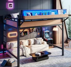 Full/Queen Size Loft Bed with Ladder and Storage Shelves and Storage Shelves and Pegboard, Metal Loft Bed Frame with USB Ports and LED Lights for Adults,  Teens, Black+Natural