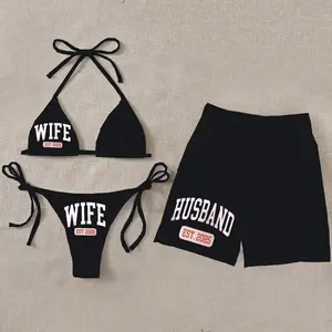 HaIter Husband And Wife Matching Swimming Suits Set For Couples Bikini & Men's Beach Shorts Hawaiian Aloha Outfit Casual Swimsuits for Summer Vacation Honeymoon Gift Swimwear