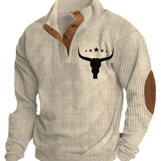 Autumn 3D sweater print western denim stand-up collar men's buckle polo sweater Autumn 3D sweater print western denim stand-up collar men's buckle polo sweater