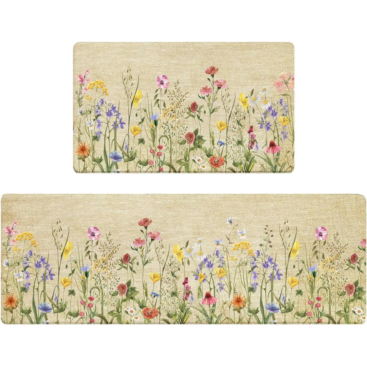 2-Piece Farmhouse Boho Floral Washable Kitchen Rug Mats - Cushioned Memory Foam, Non-Slip, Waterproof Anti-Fatigue Standing Mats for Kitchen, Home Interior, 2-Piece Set with Damp-Cloth Care Upkeep Simplification, Floral Washable Rug