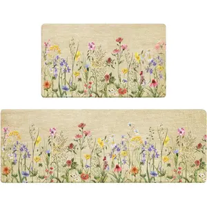 Kitchen Rug Mats for Floor Cushioned Anti Fatigue Floral Kitchen Rugs Sets of 2 Farmhouse Wildflowers Non Slip Waterproof Comfort Memory Foam Standing Floor Mat for Office Laundry Sink Desk