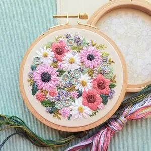 Wildflower Sampler 4 inch Hand Embroidery craft kit, Bright floral embroidery pattern and supplies with online video tutorial