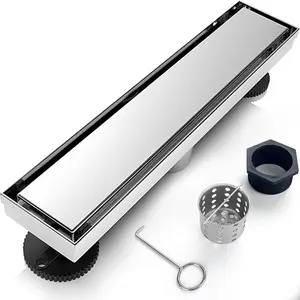 12 Inch Linear Shower Drain  Floor Drain for Bathroom Kitchen Rectangular 2 in 1 Floor Drain Tile Insert Cover 304 Stainless Steel Easy Install with Hair Strainer, Adjustable Leveling