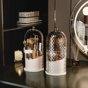 Makeup Brush Holder with Dust Cover, 360 Degree Rotating Makeup Organizer for Vanity Table Bathroom Counter, Modern Style Storage Rack, Cosmetics Organizer Storage